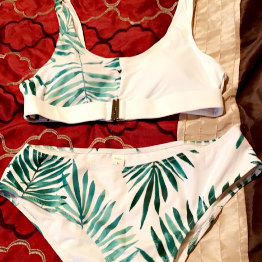 Green and white buckle front bikini